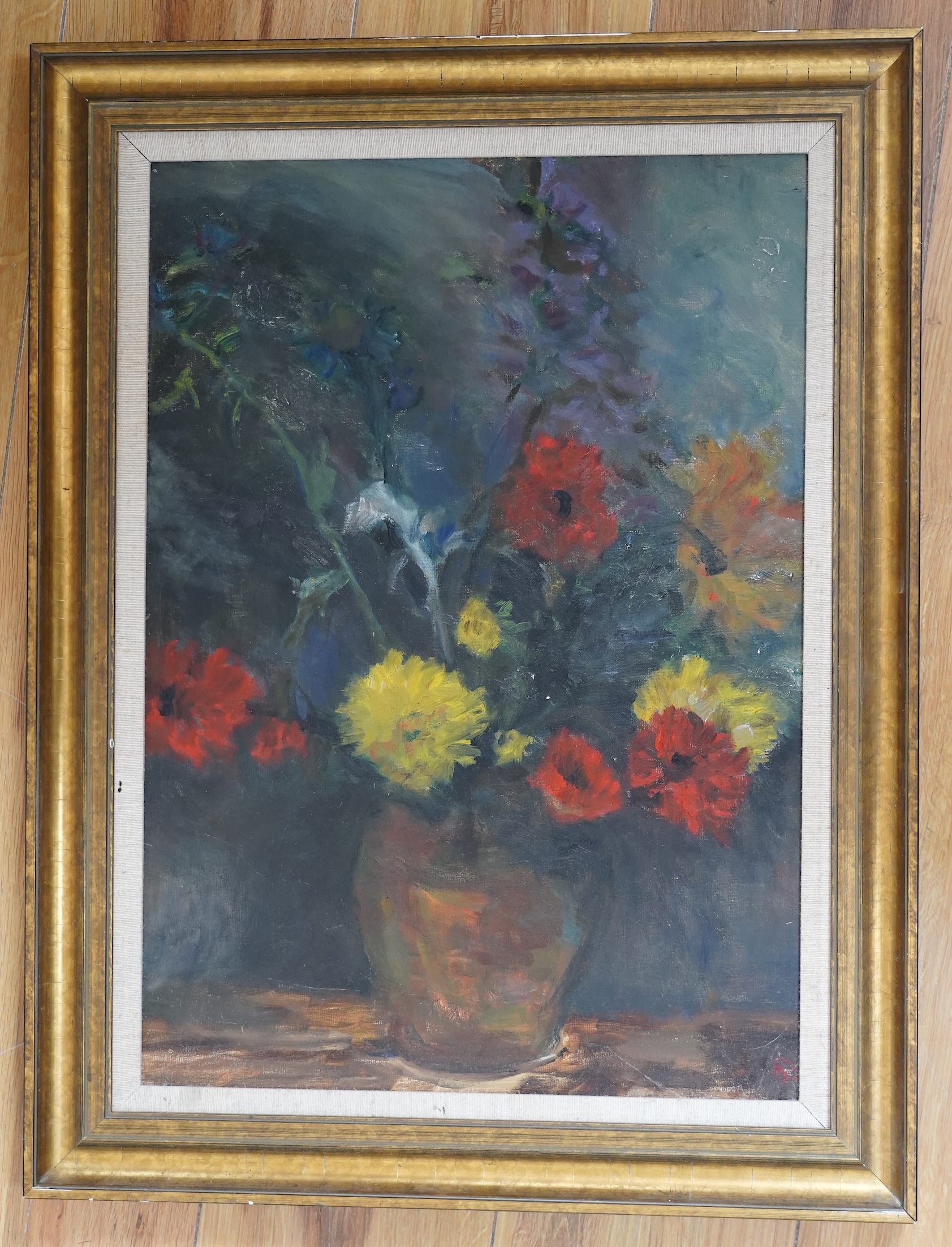 Modern British, oil on board, Still life of flowers in a vase, unsigned, 49 x 35cm